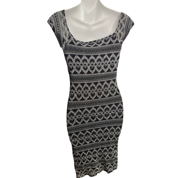 Vintage Hugo Buscati Black Beige  Heart Patterned Knit Bodycon Dress Size Medium - Picture 2 of 4